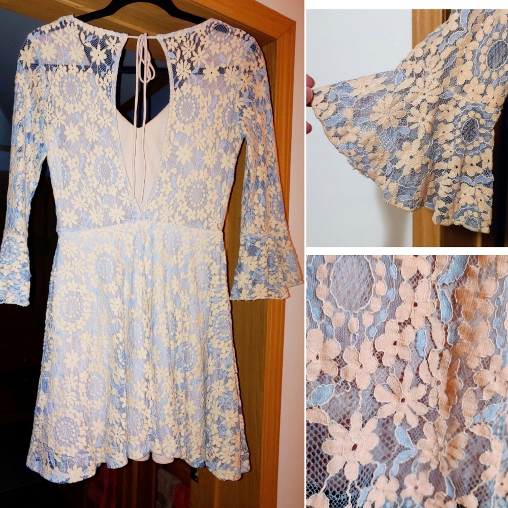 UO Lace Boho minidress,pale blue & peach the back is cutout & semi.sheer NWOT